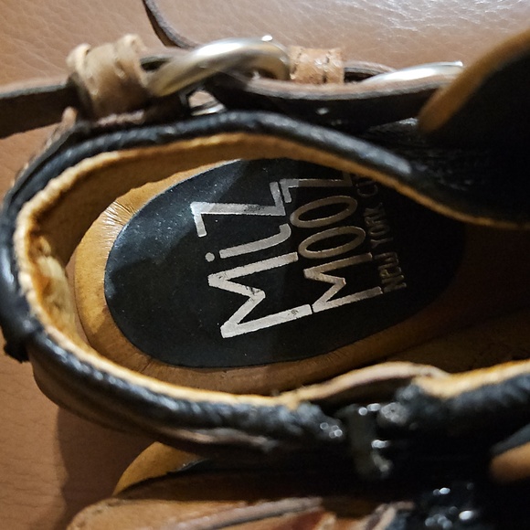 Miz Mooz Floyd Leather Buckle Demi-Wedge Sandals Shoes Peep Toe Black Brown - Picture 4 of 6